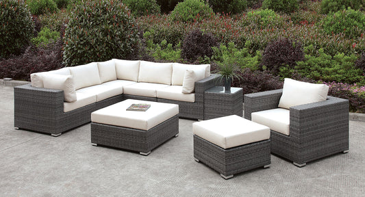 Somani Light Gray Wicker/Ivory Cushion L-Sectional + Chair + 2 Ottomans FOA East