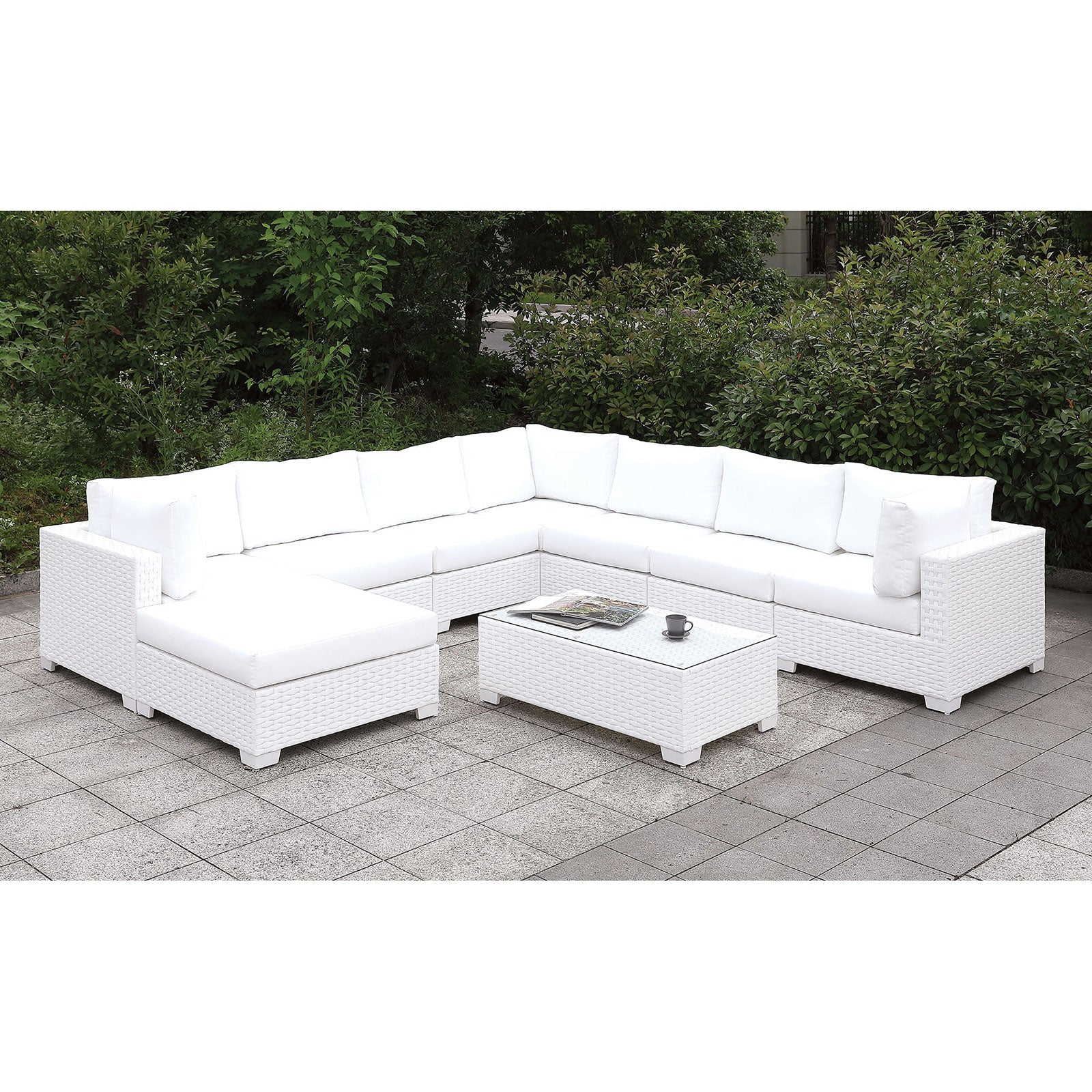 Somani White Wicker/White Cushion U-Sectional + Large Ottoman + End Table FOA East