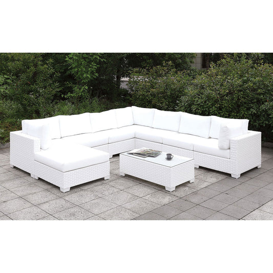 Somani White Wicker/White Cushion U-Sectional + Large Ottoman + End Table