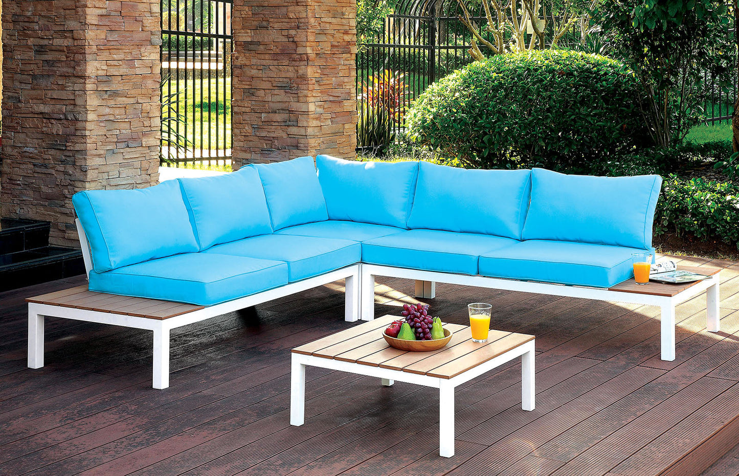 WINONA White/Oak/Blue Patio Sectional w/ Table FOA East