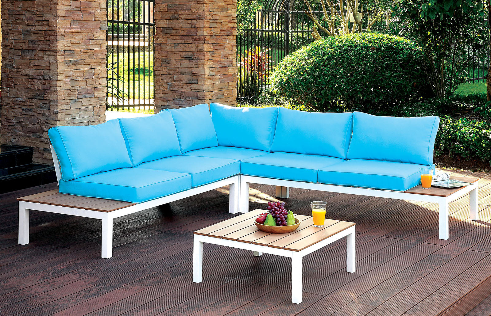 WINONA White/Oak/Blue Patio Sectional w/ Table FOA East