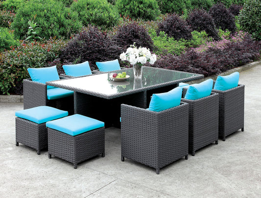 Ashanti Light Brown Wicker/Turquoise Cushion 11 Pc. Patio Dining Table Set FOA East