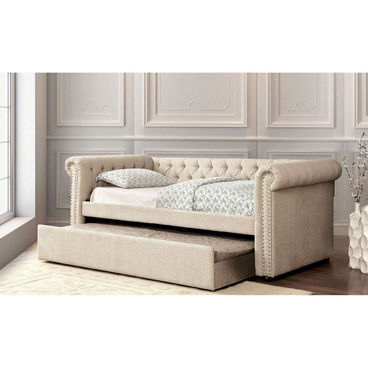 Leanna Beige/Brown Queen Daybed w/ Trundle, Beige FOA East