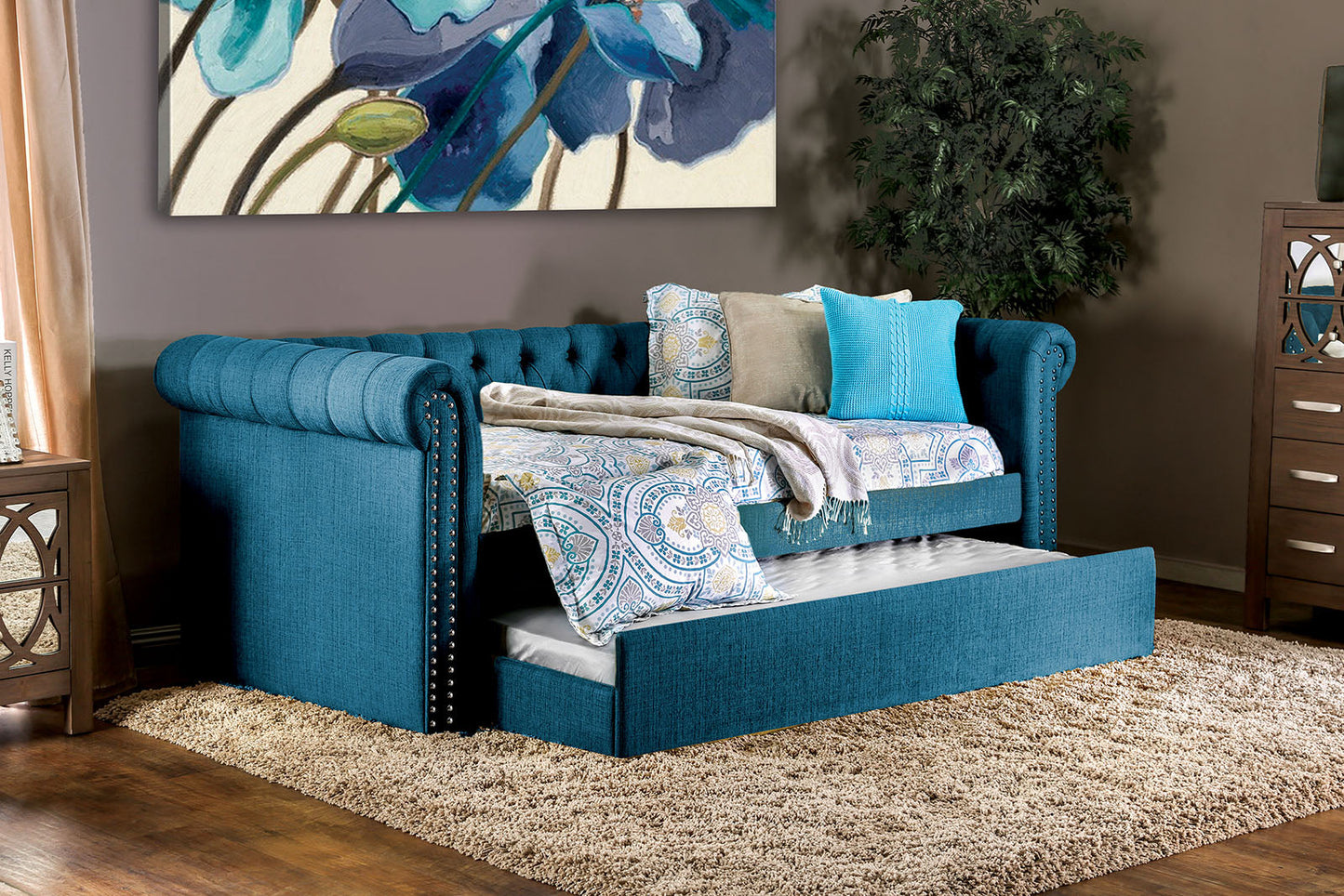 LEANNA Dark Teal Daybed w/ Trundle, Teal FOA East