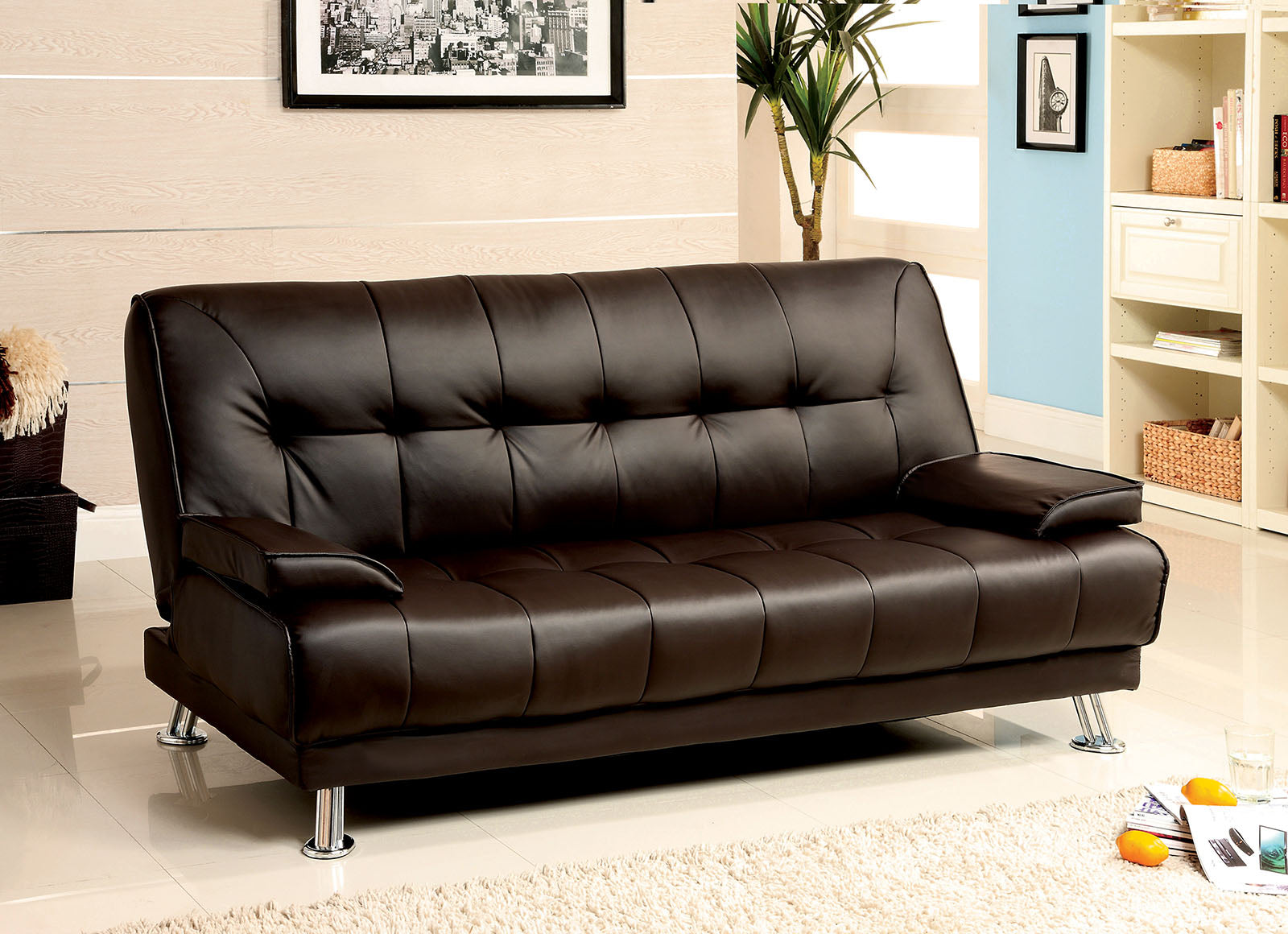 Beaumont Dark Brown/Chrome Leatherette Futon Sofa FOA East