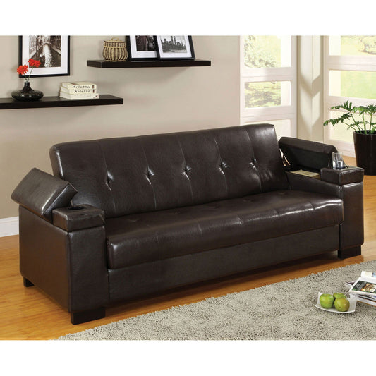 Logan Espresso Leatherette Futon Sofa w/ Storage FOA East