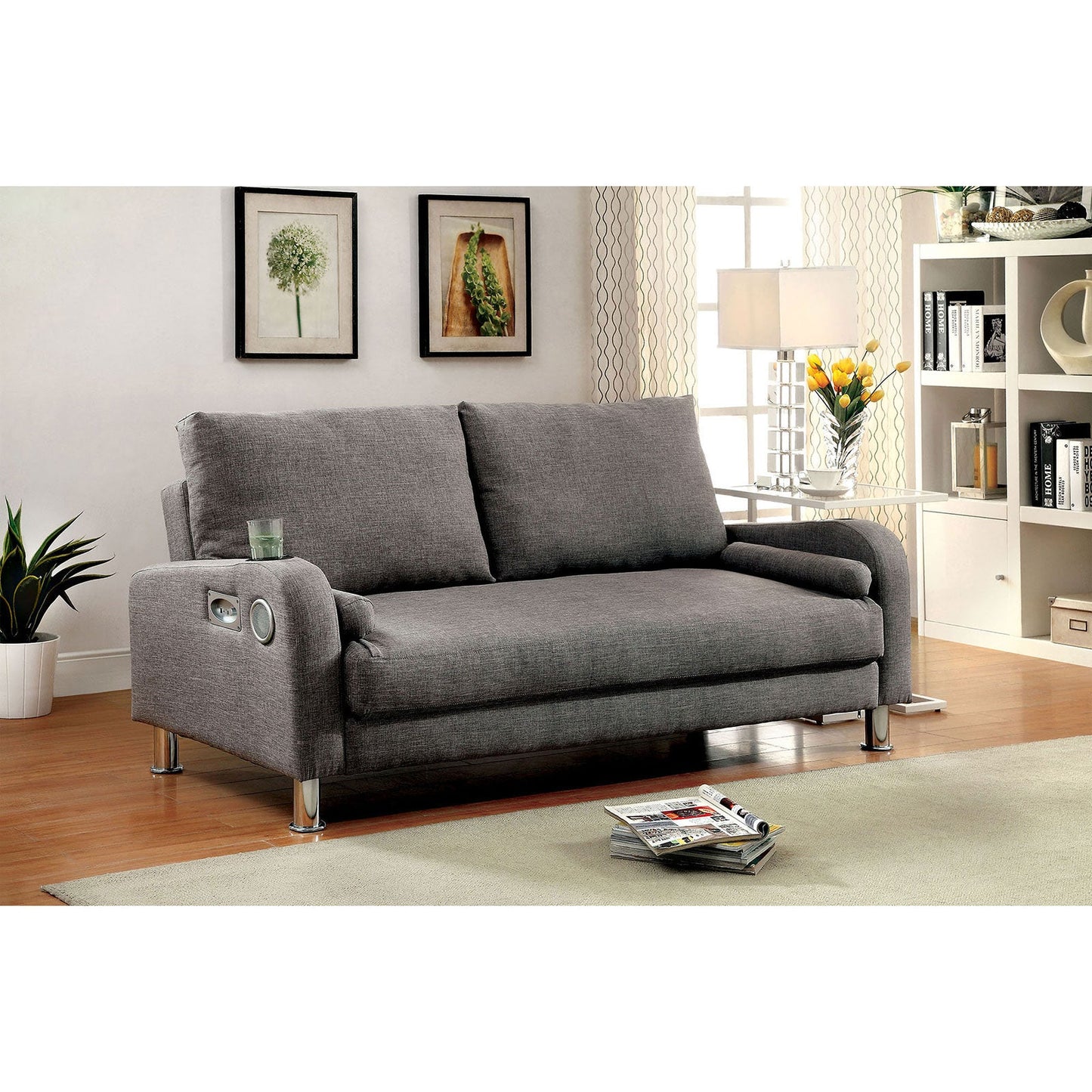 RAQUEL Gray/Chrome Futon Sofa FOA East