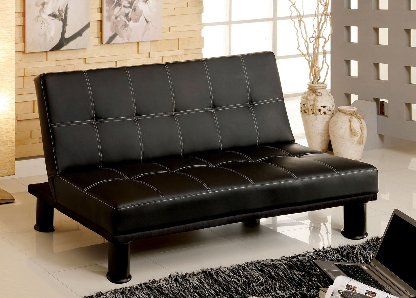 Quinn Black Leatherette Futon Sofa FOA East