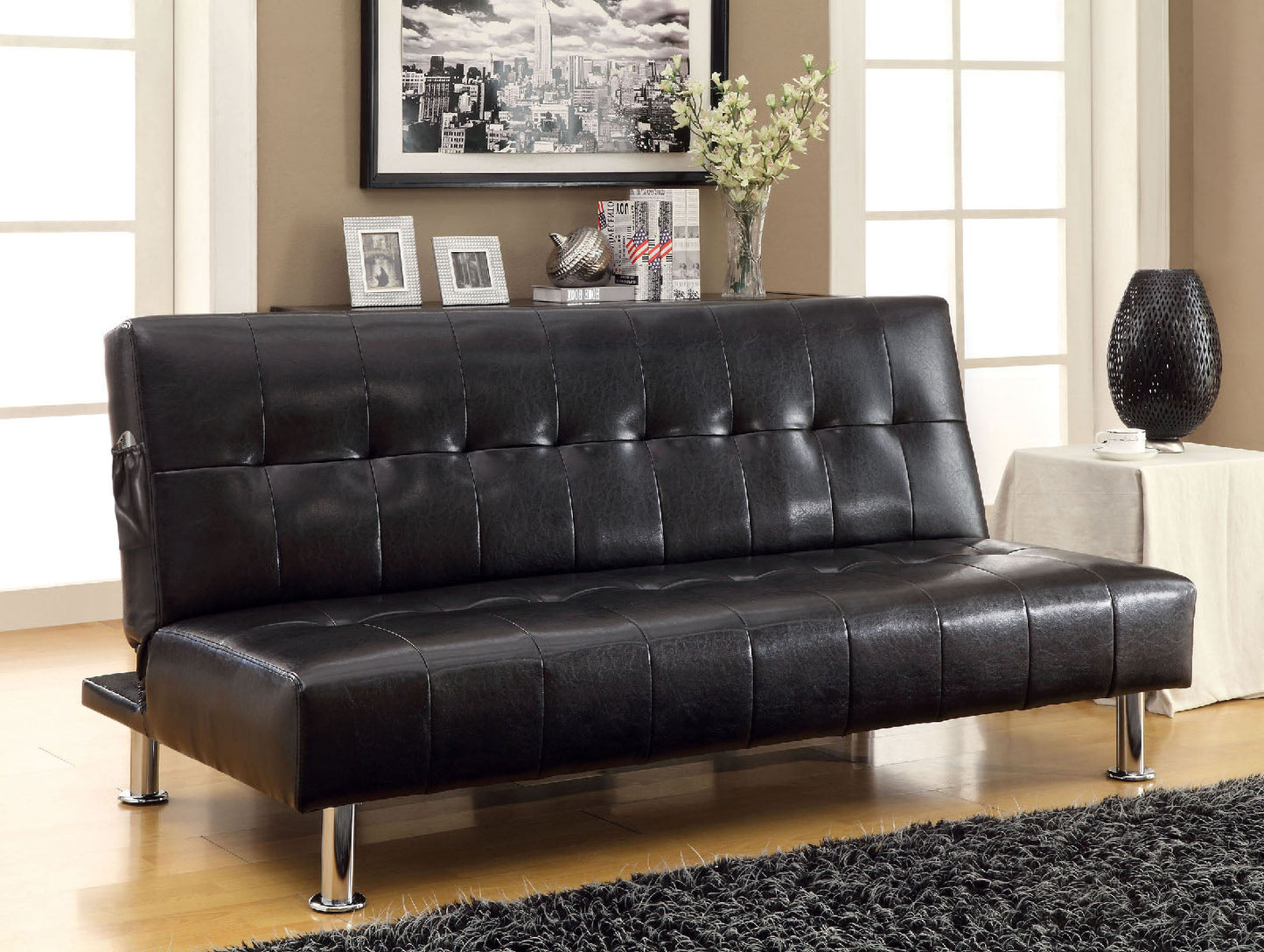 Bulle Black/Chrome Leatherette Futon Sofa, Black FOA East