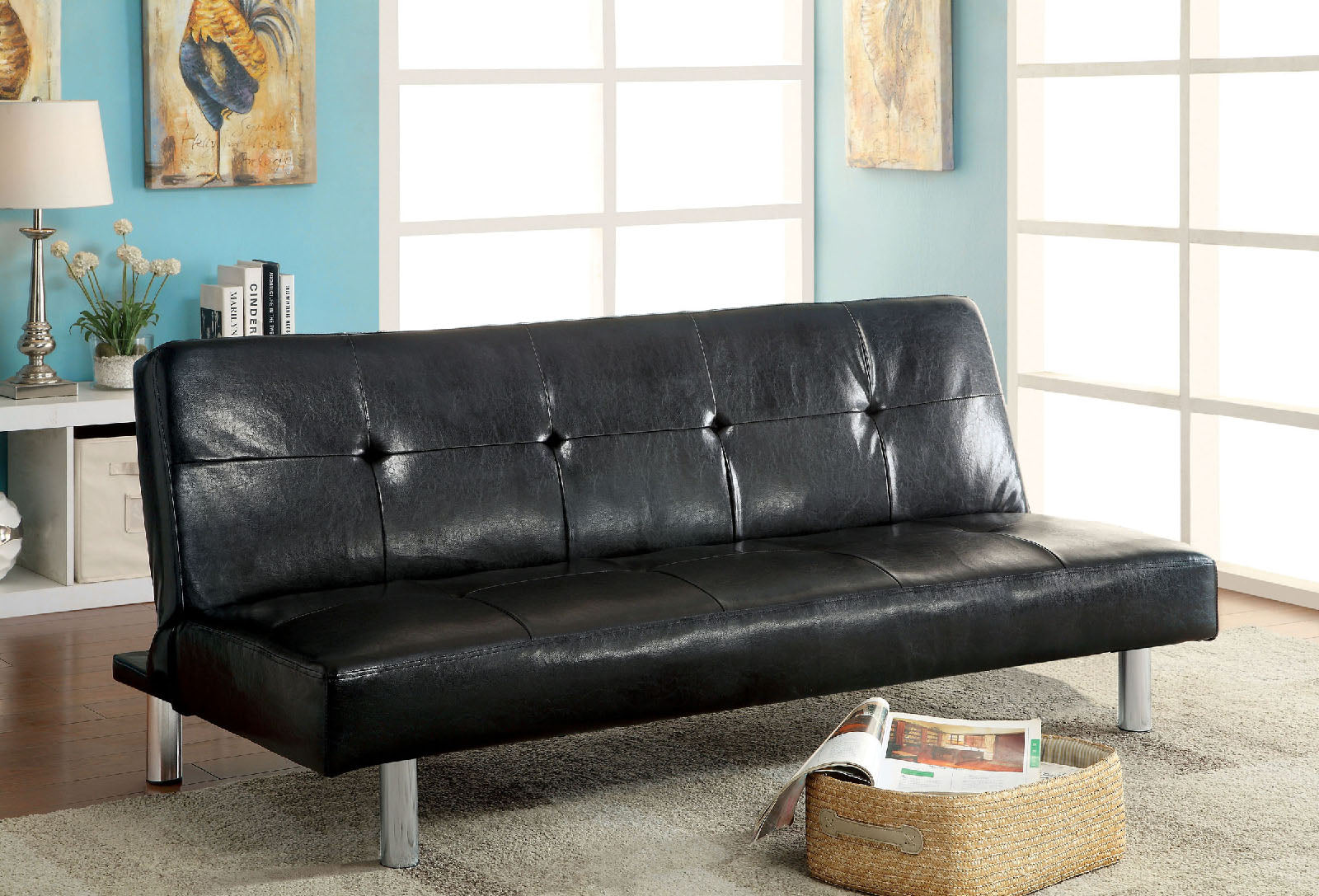 EDDI Black/Chrome Futon Sofa, Black FOA East