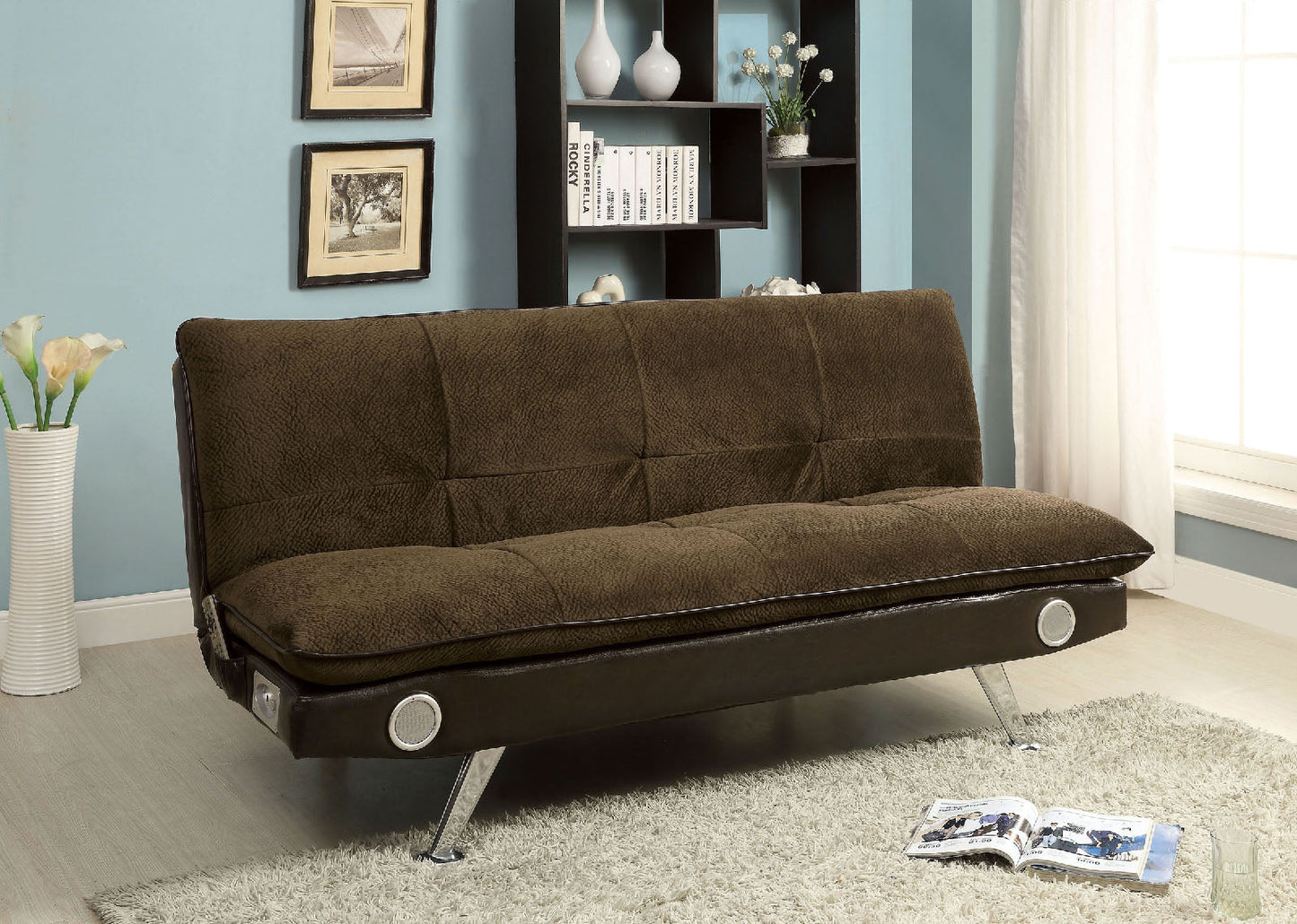 GALLAGHER Dark Brown/Chrome Futon Sofa w/ Bluetooth Speaker, Brown FOA East