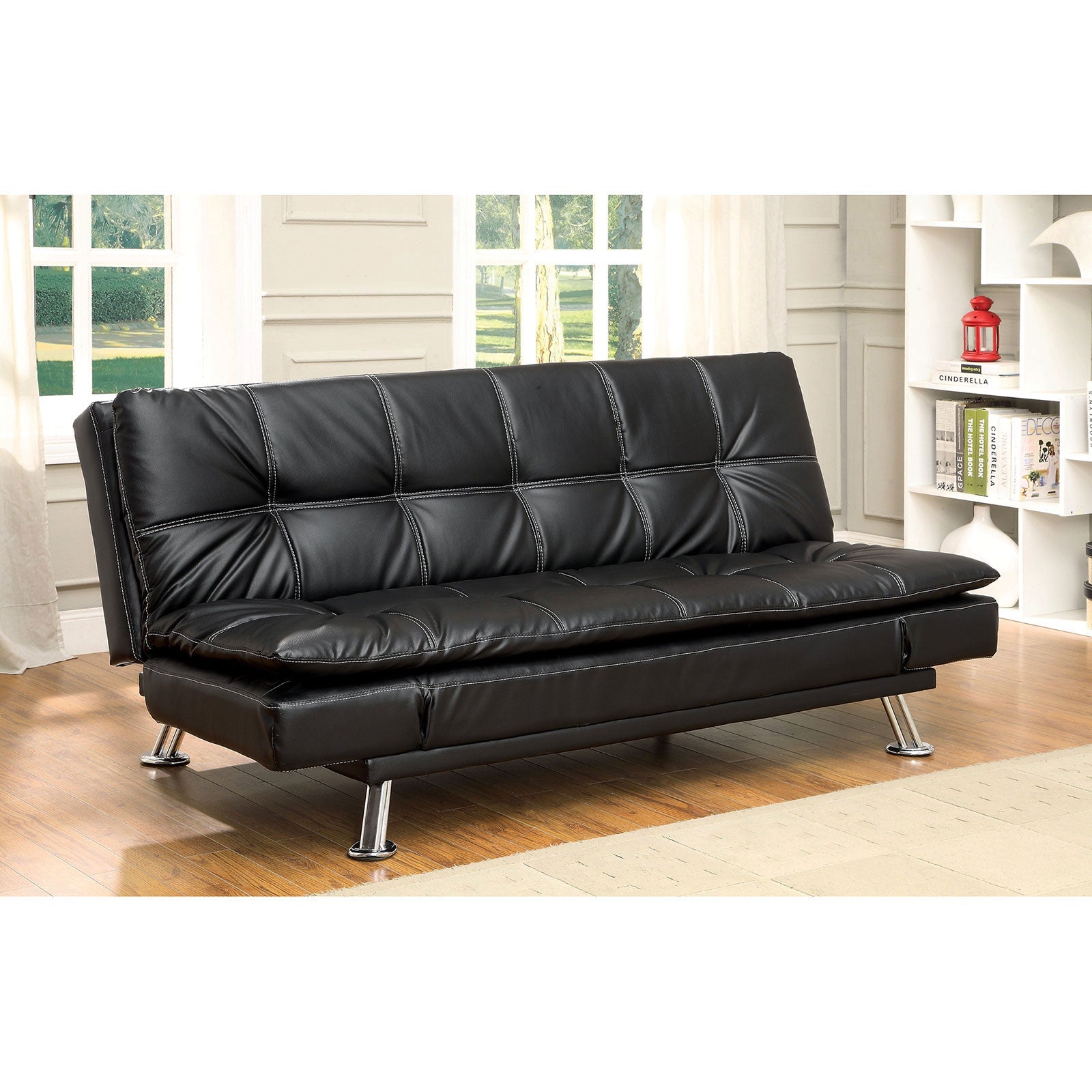 HAUSER II Black/Chrome Futon Sofa, Black FOA East