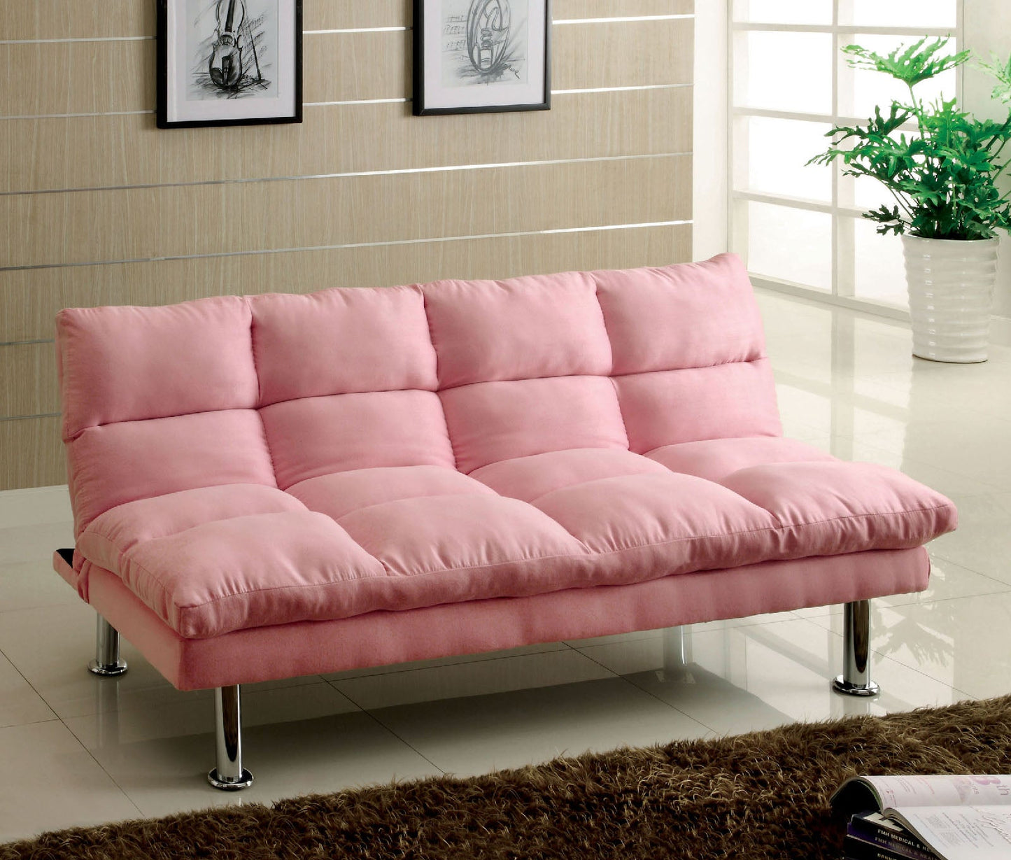 Saratoga Pink/Chrome Microfiber Futon Sofa, Pink FOA East