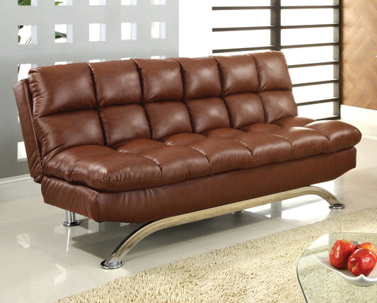 Aristo Saddle Brown/Chrome Leatherette Futon Sofa, Saddle Brown FOA East