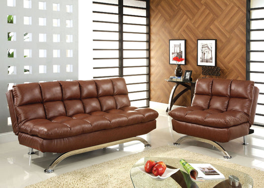 Aristo Saddle Brown Futon Sofa + Chair