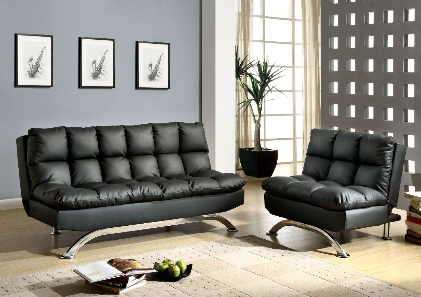 Aristo Black Futon Sofa + Chairs FOA East