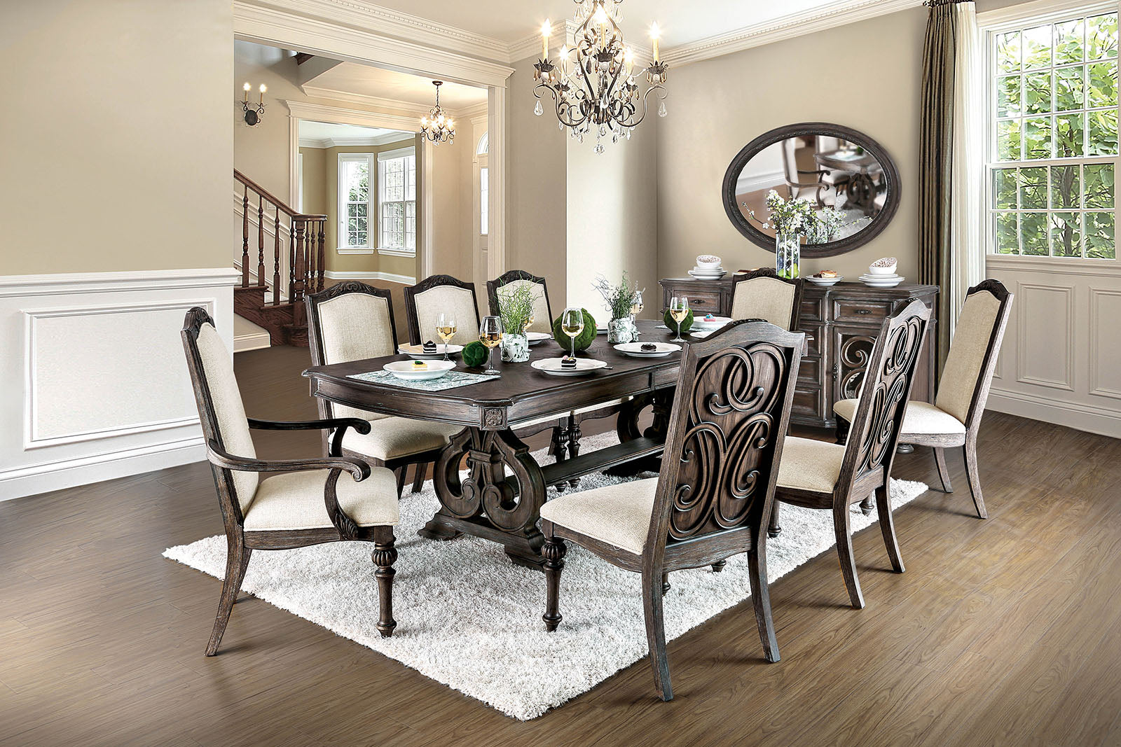 ARCADIA Rustic Natural Tone, Ivory 7 Pc. Dining Table Set (2AC+6SC) FOA East