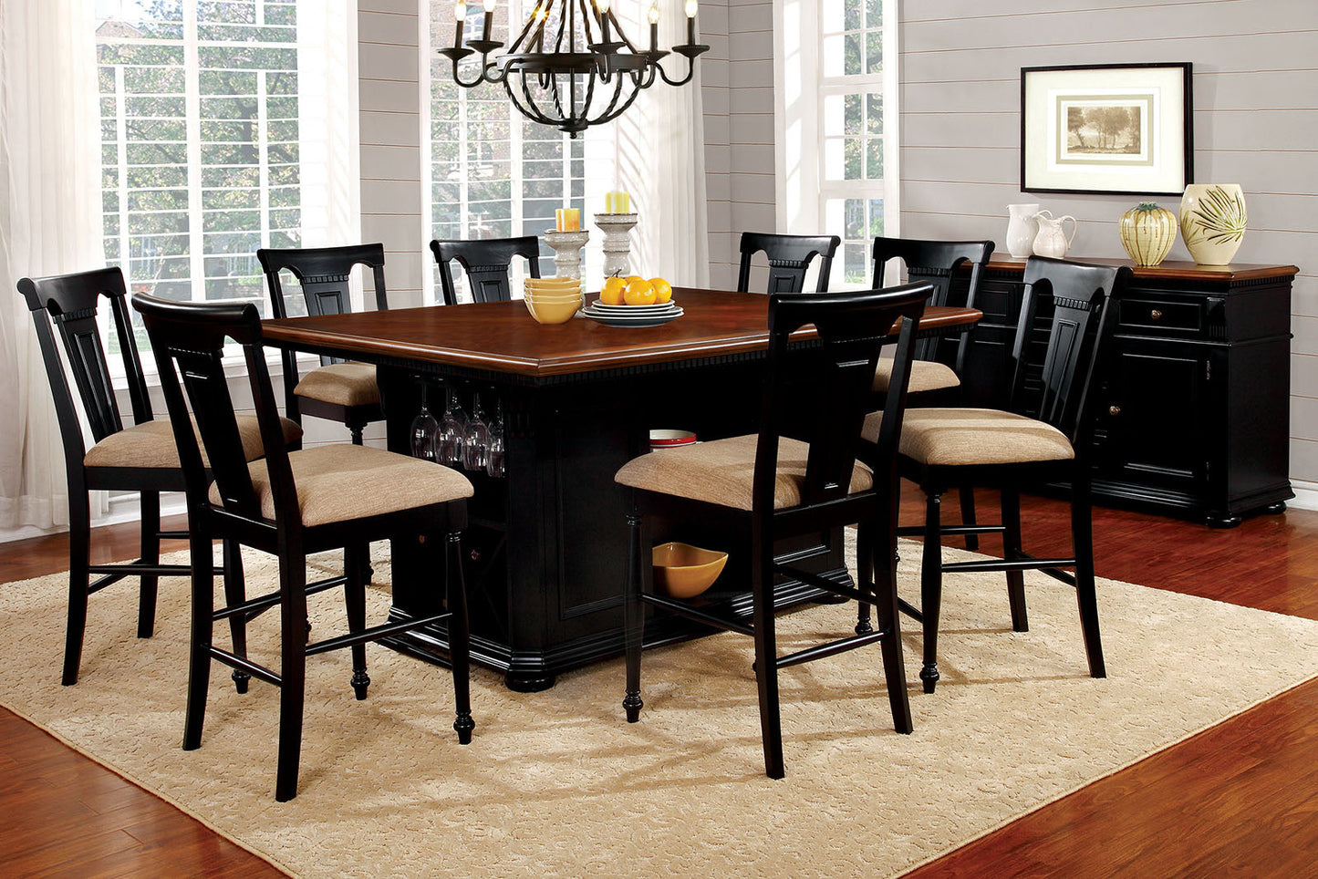 SABRINA Black/Cherry 9 Pc. Dining Table Set w/ Stools FOA East