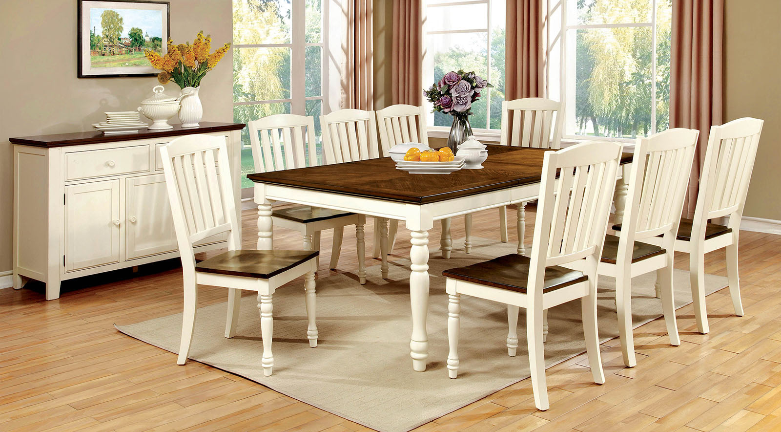 HARRISBURG Vintage White/Dark Oak 9 Pc. Dining Table Set FOA East