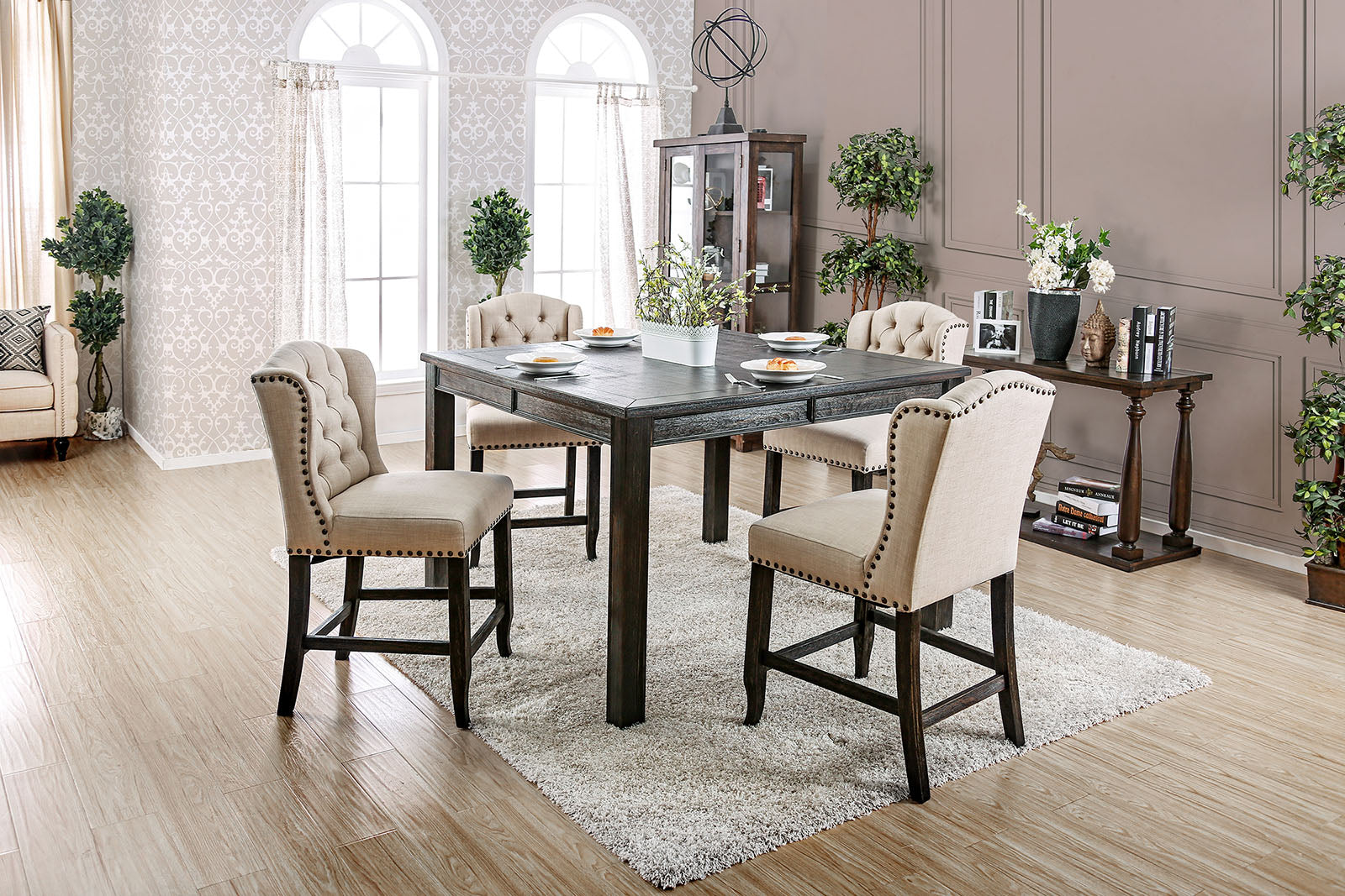 SANIA III Antique Black, Ivory 5 Pc. Sq Counter Ht. Table Set w/ Wingback Chairs FOA East