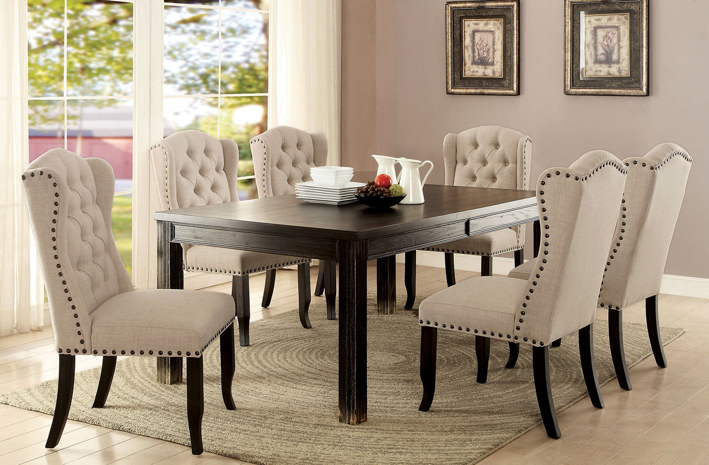 Sania III Antique Black, Ivory 7 Pc. Dining Table Set FOA East