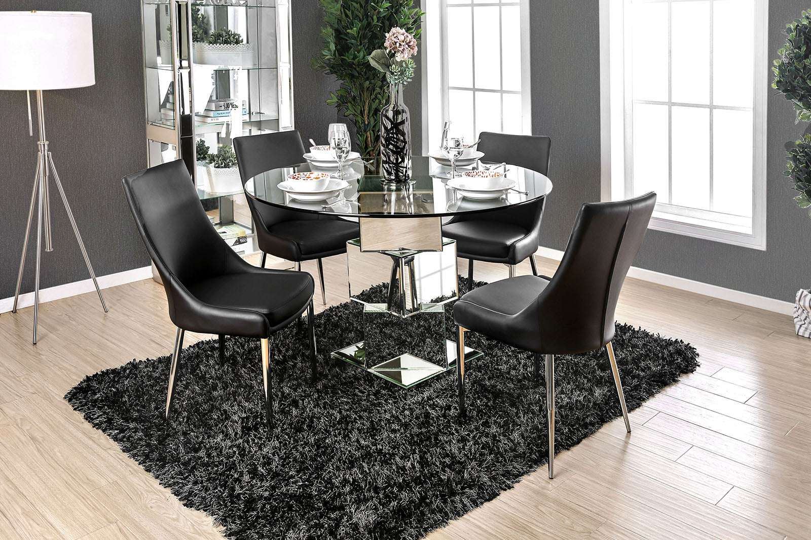 Izzy Chrome 5 Pc. Round Dining Table Set (BK Chairs) FOA East