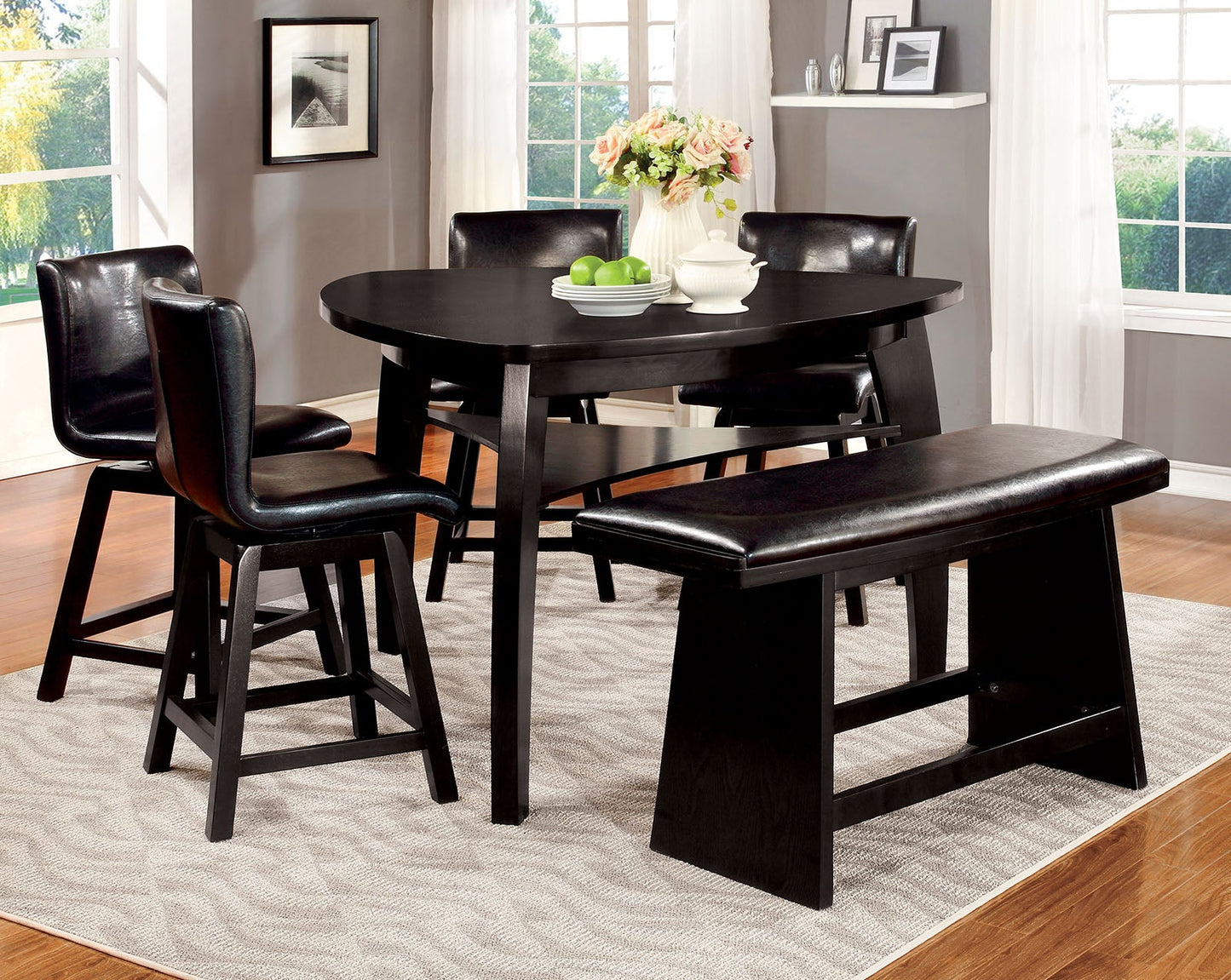 HURLEY Black 5 Pc. Counter Ht. Table Set + Bench FOA East