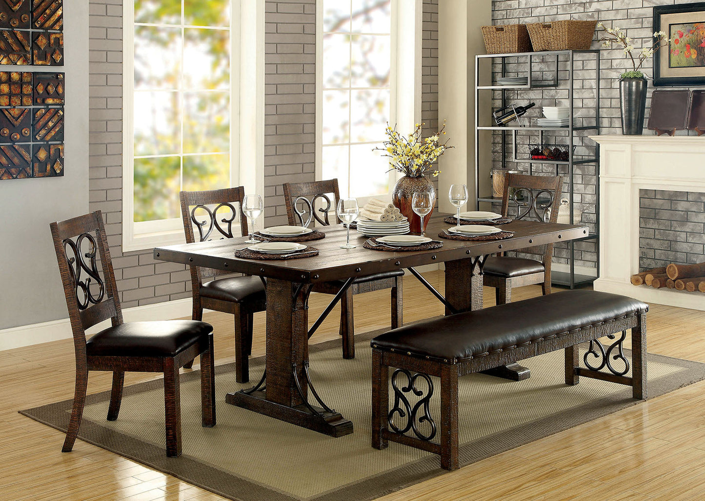 PAULINA Rustic Walnut, Espresso 6 Pc. Dining Table Set w/ Bench FOA East