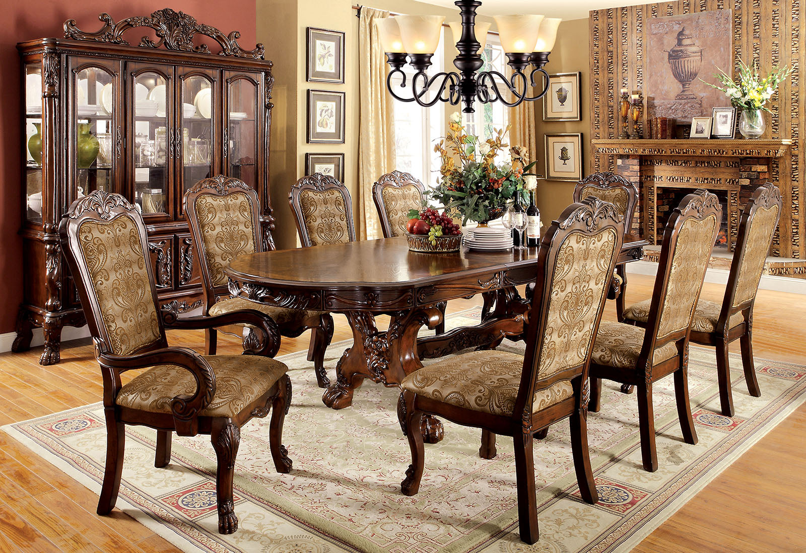 MEDIEVE Cherry 9 Pc. Dining Table Set (2AC+6SC) FOA East