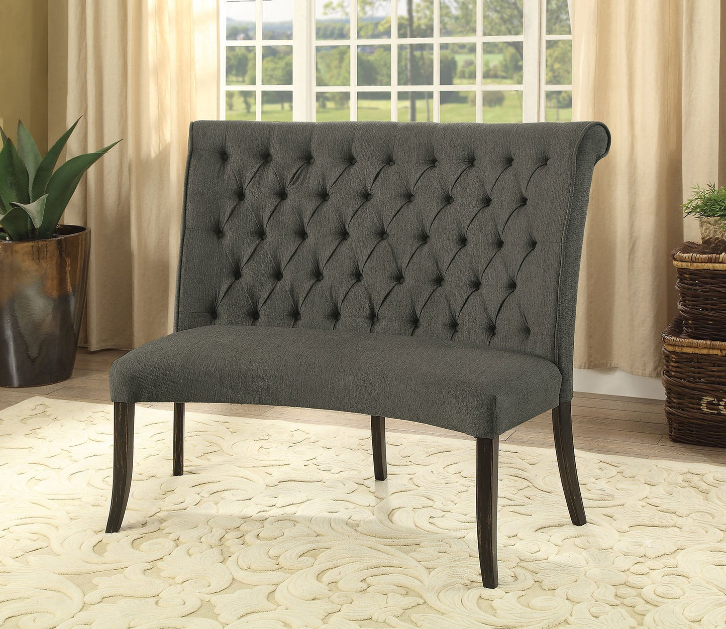 Nerissa Gray/Antique Black Round Love Seat Bench, Gray Fabric FOA East