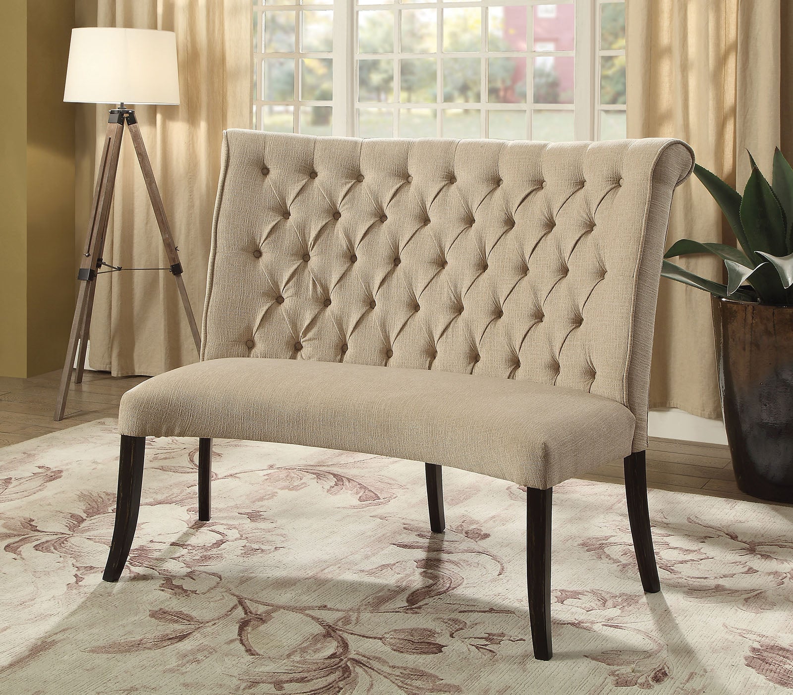 Nerissa Beige/Antique Black Round Love Seat Bench, Ivory Fabric FOA East