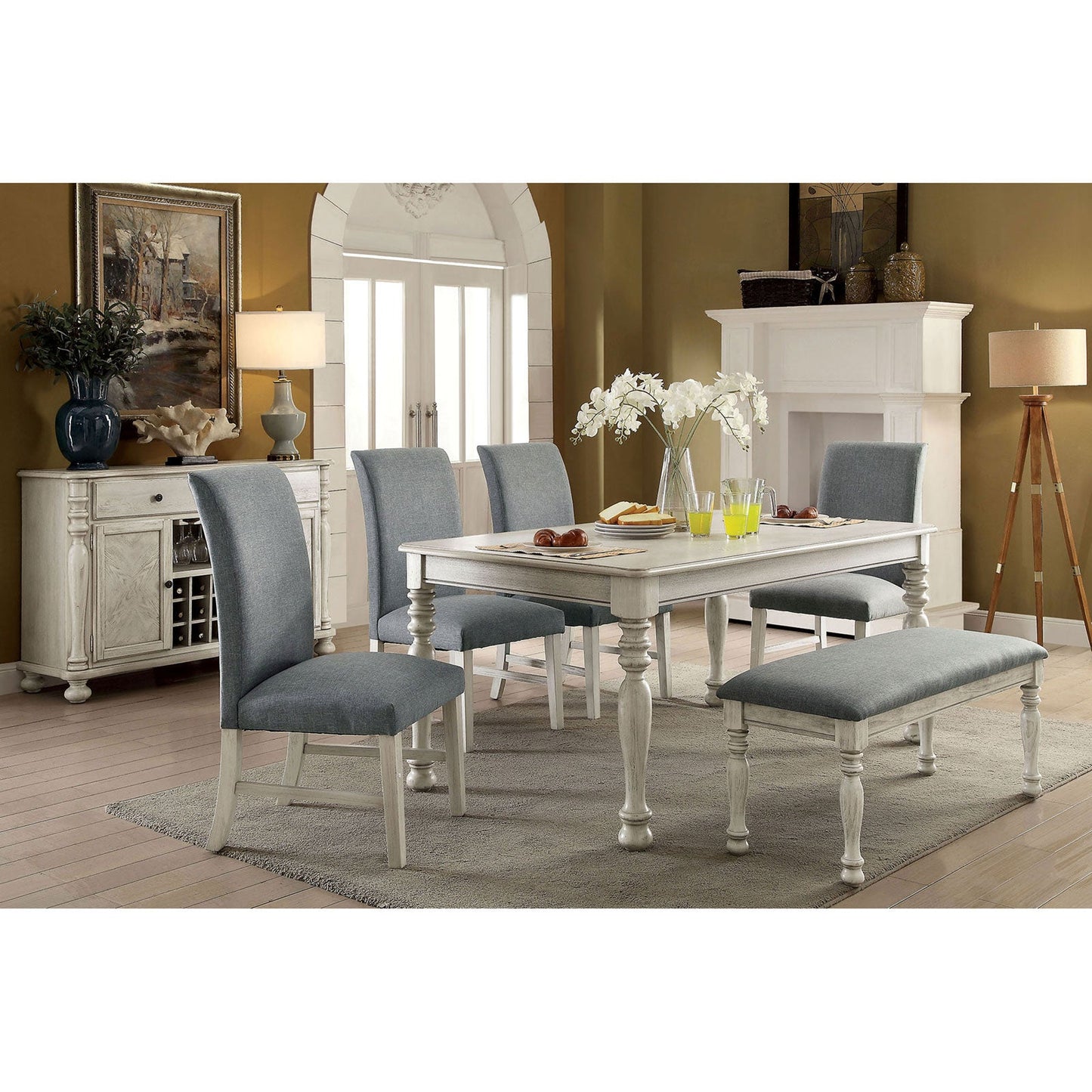 Kathryn Antique White 6 Pc. Dining Table Set w/ Bench FOA East