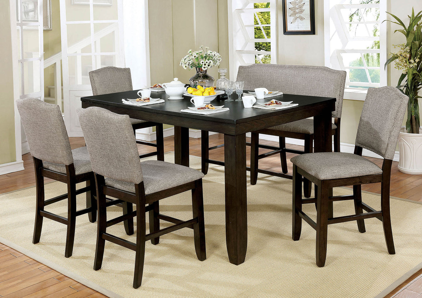 Teagan Dark Walnut 6 Pc. Dining Table Set w/ Bench FOA East