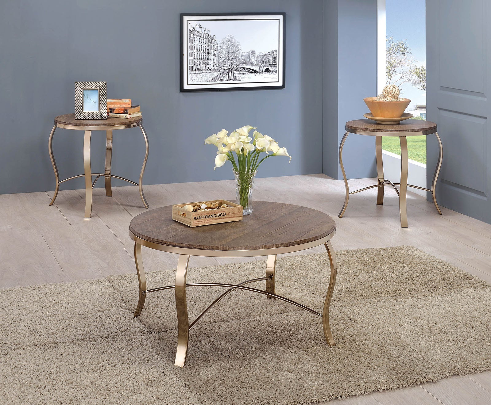 Wicklow Rustic Oak/Champagne 3 Pc. Coffee Table Set FOA East