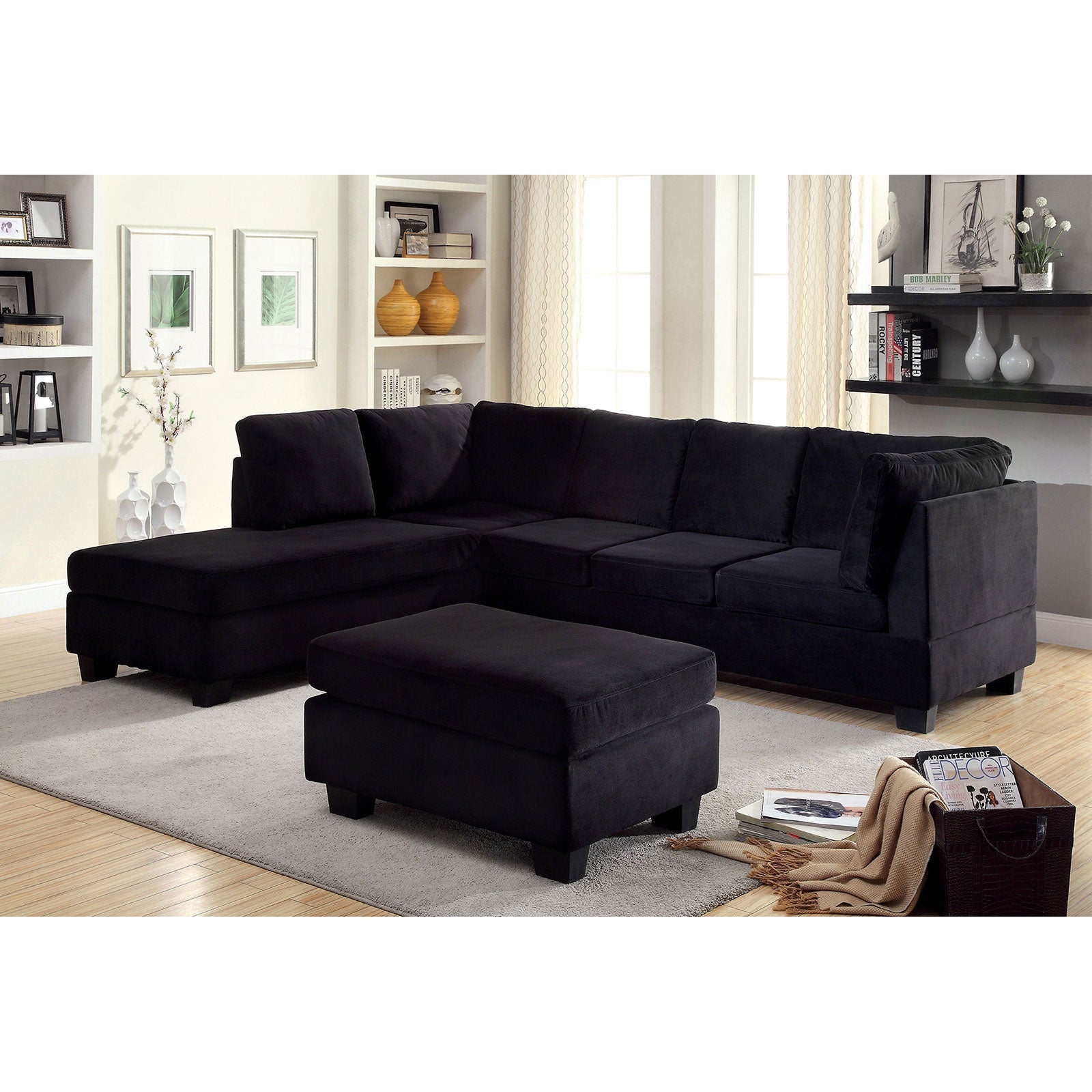 LOMMA Black Sectional + Ottoman, Black FOA East