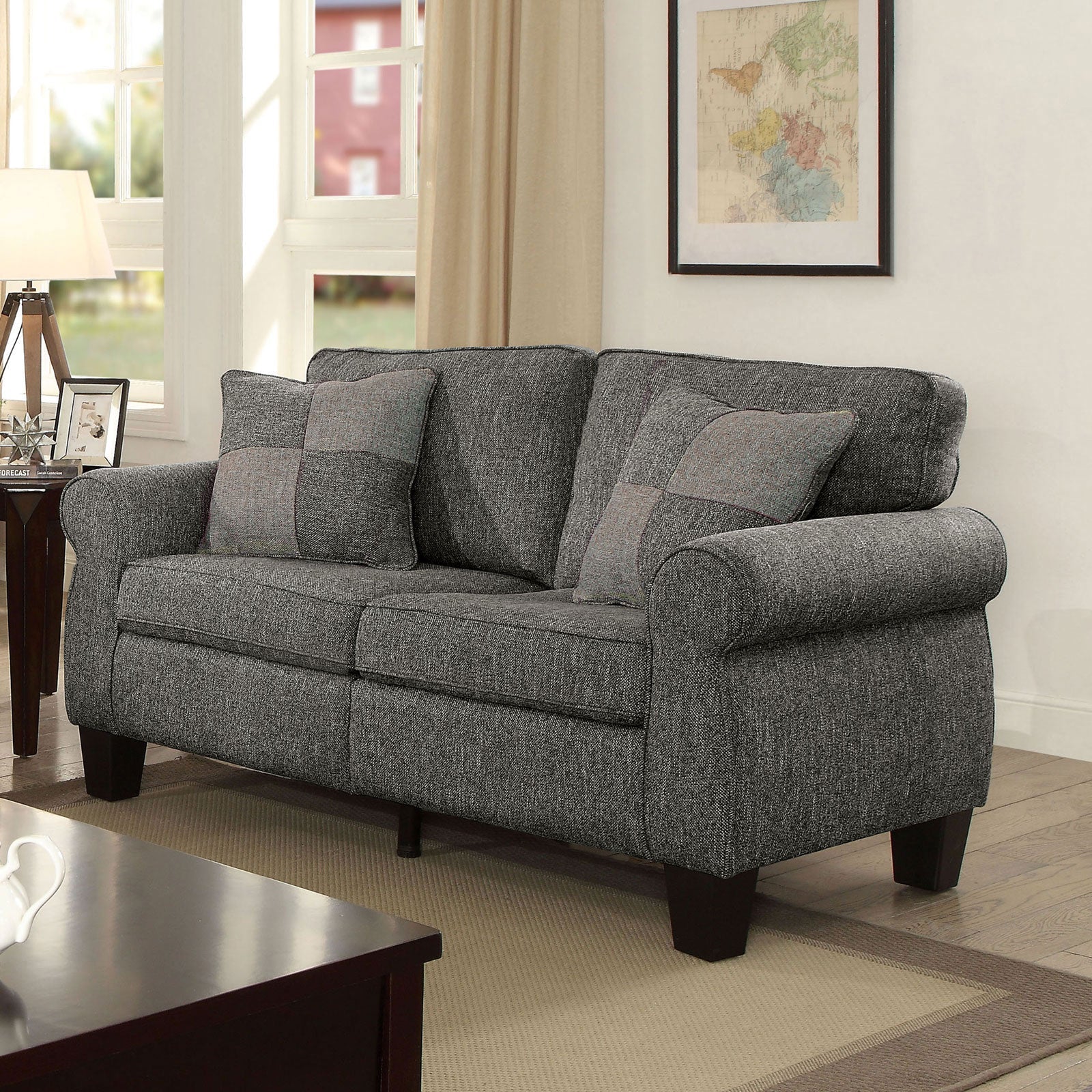 Rhian Dark Gray Love Seat, Dark Gray FOA East