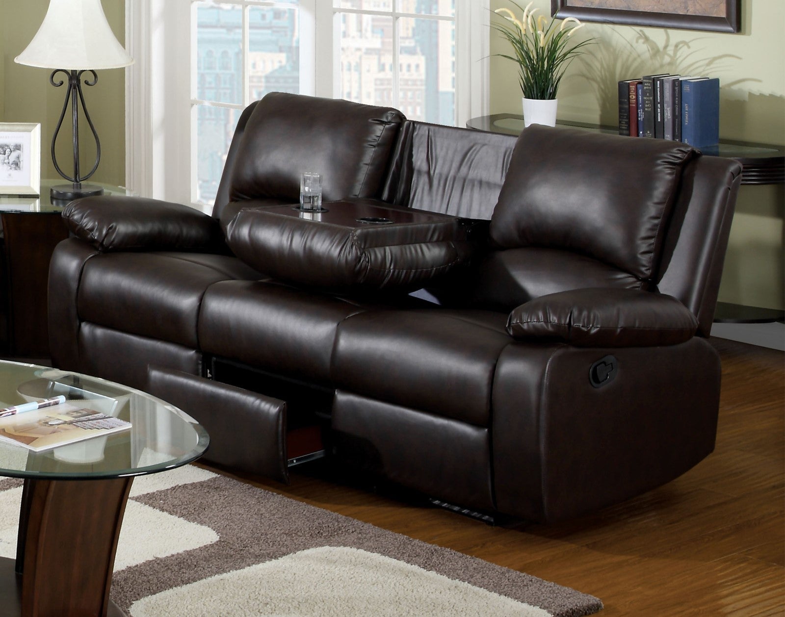 Oxford Rustic Dark Brown Motion Sofa w/ Drop-Down Table FOA East