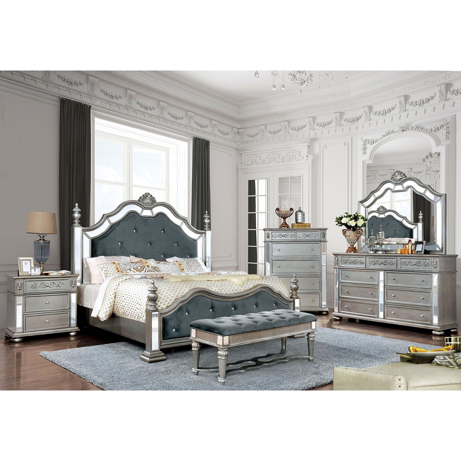 Azha Silver/Gray 5 Pc. Queen Bedroom Set w/ 2NS FOA East