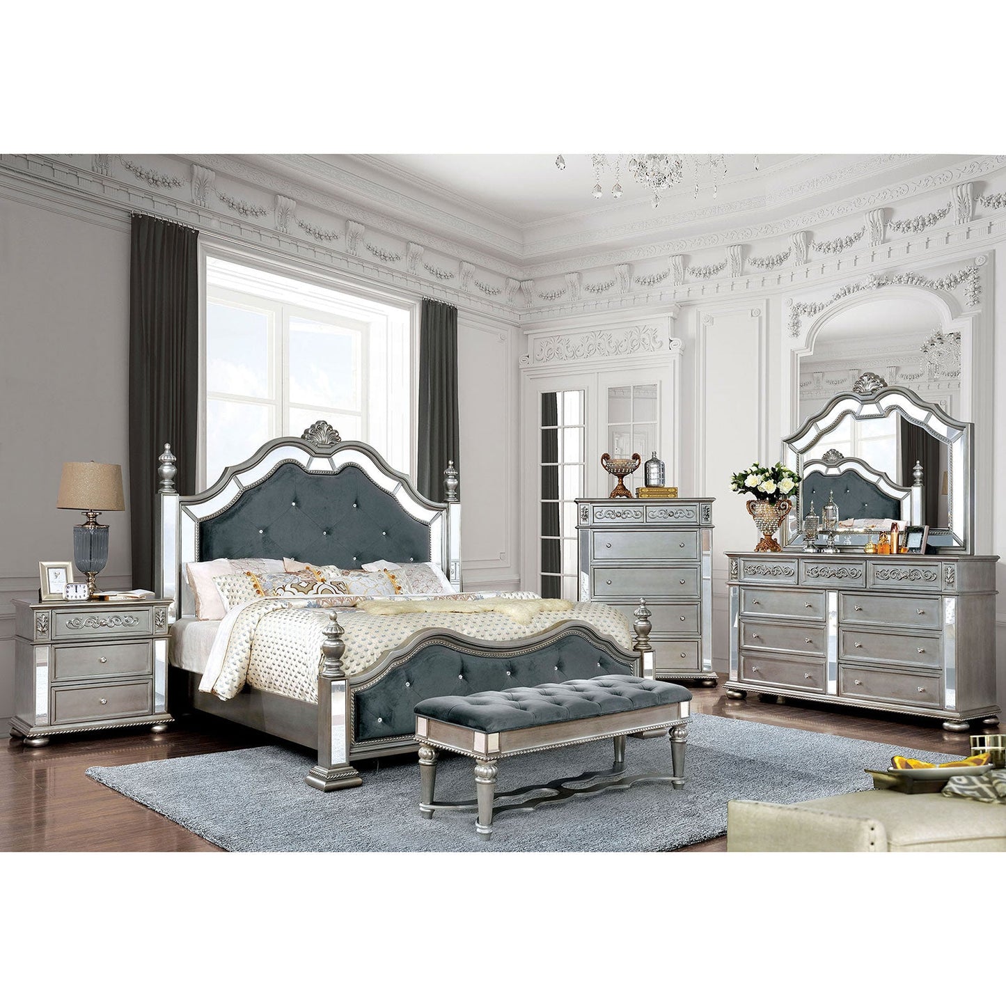 Azha Silver/Gray 5 Pc. Queen Bedroom Set w/ Chest FOA East