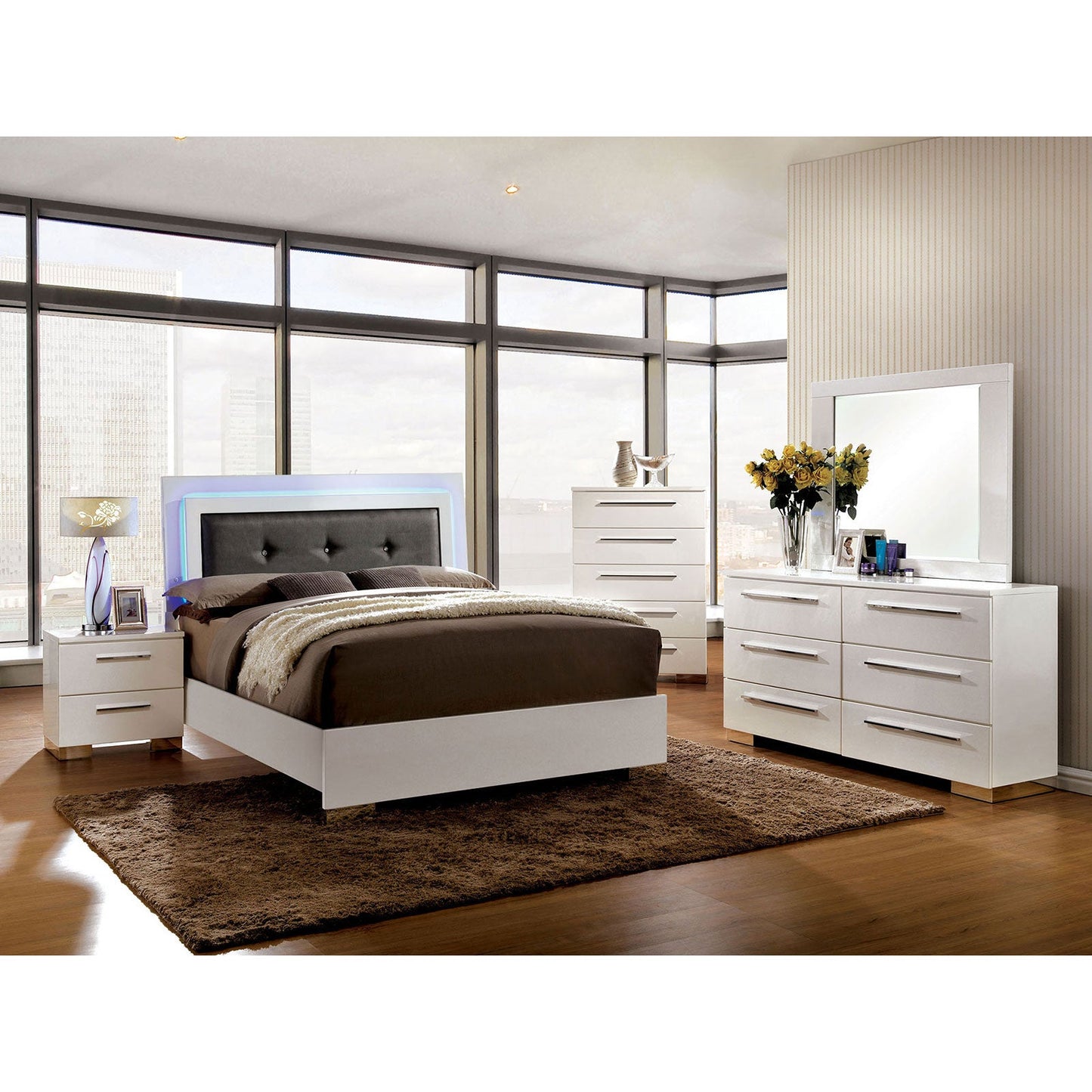 CLEMENTINE Glossy White 5 Pc. Queen Bedroom Set w/ Chest FOA East