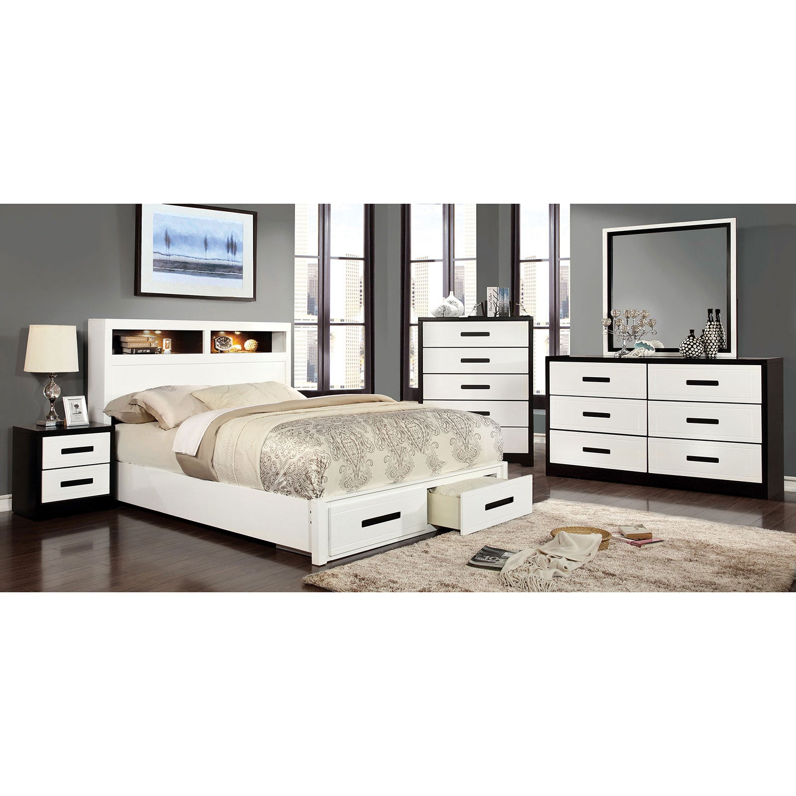 RUTGER White/Black 5 Pc. Queen Bedroom Set w/ Chest FOA East