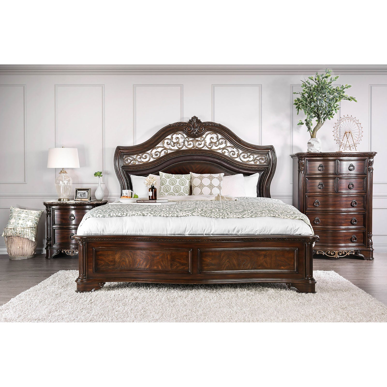 Menodora Brown Cherry 5 Pc. Queen Bedroom Set w/ 2NS FOA East