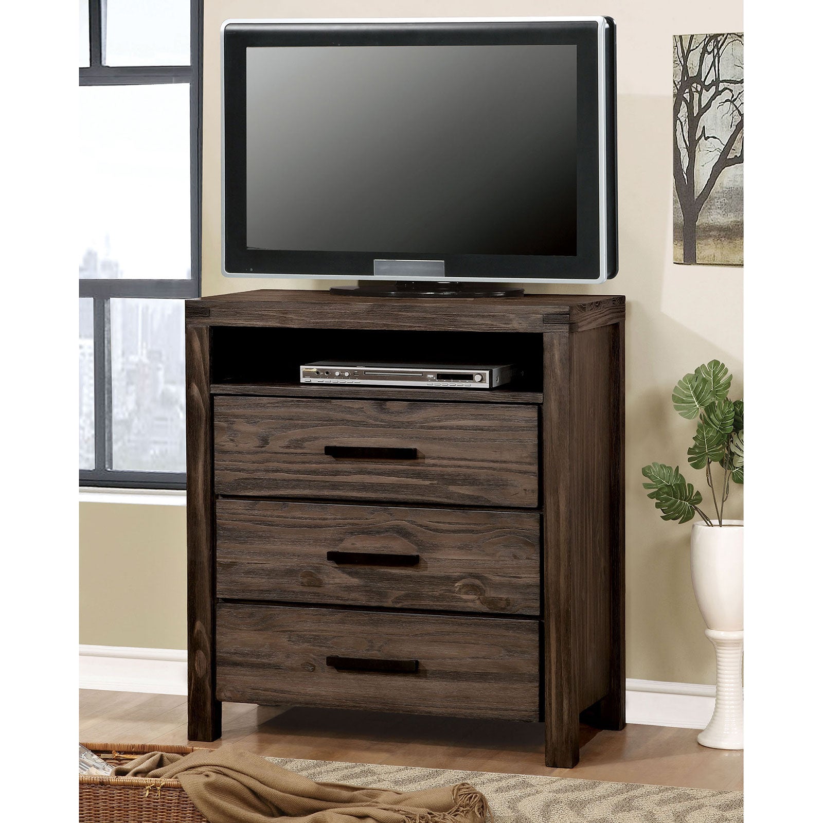 Rexburg Wire-Brushed Rustic Brown Media Chest FOA East