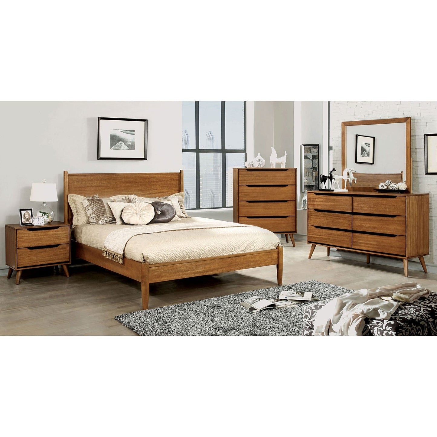 Lennart Oak 5 Pc. Queen Bedroom Set w/ Chest + Oval Mirror FOA East