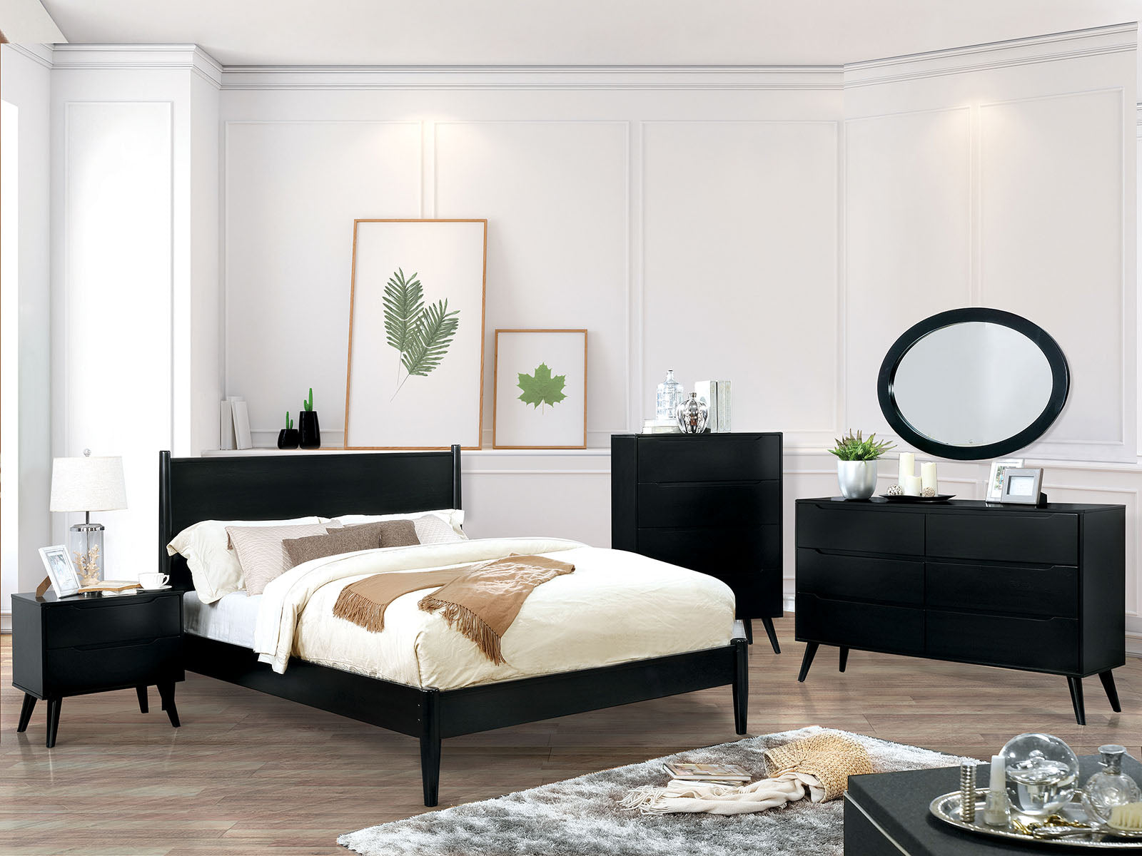 LENNART II Black 4 Pc. Full Bedroom Set w/ Oval Mirror FOA East