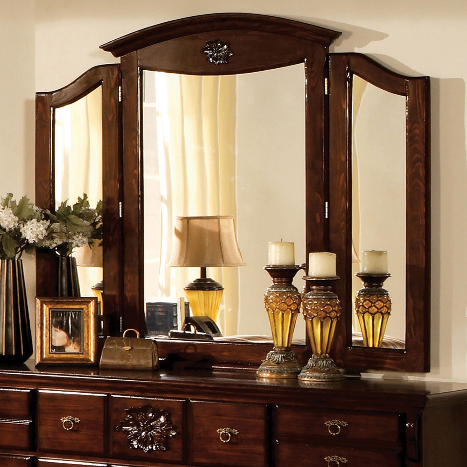 Tuscan II Glossy Dark Pine Tri-Fold Mirror FOA East