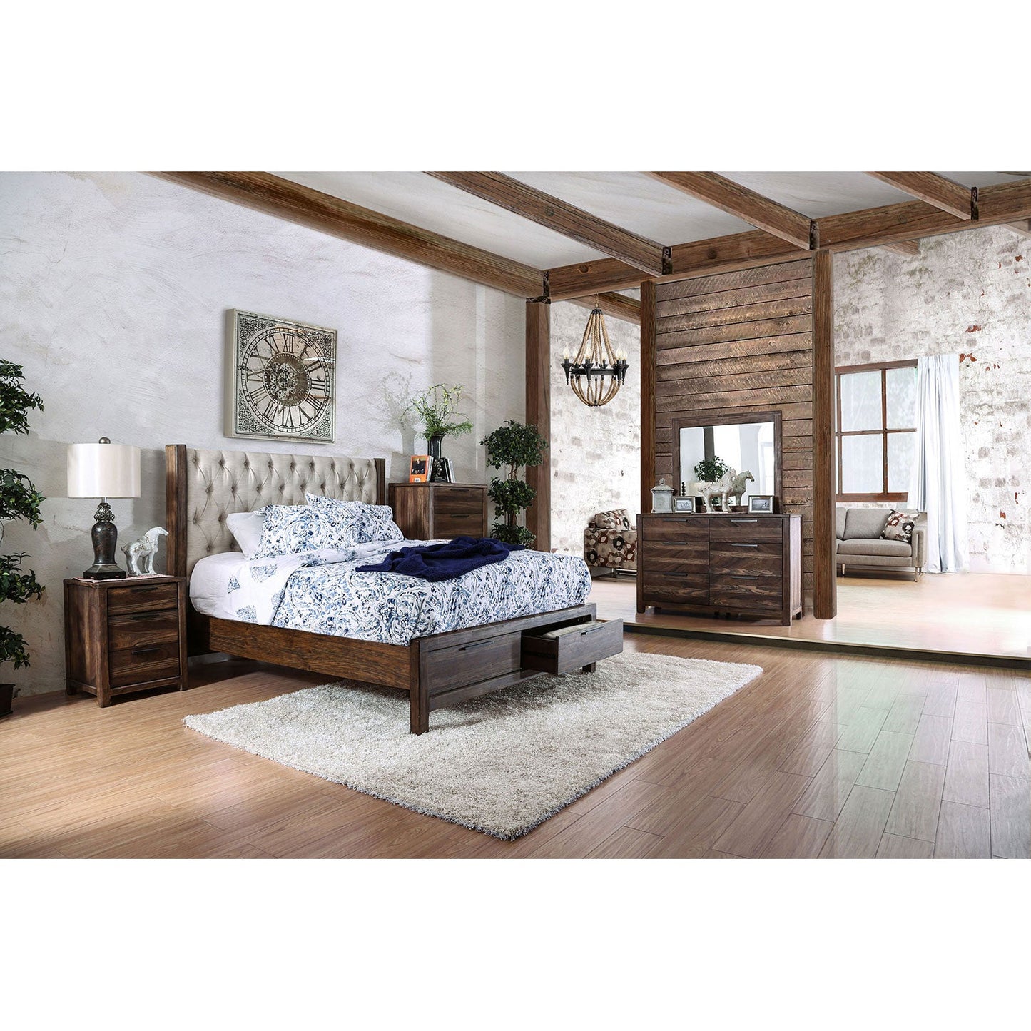 Hutchinson Rustic Natural Tone/Beige 5 Pc. Queen Bedroom Set w/ 2NS FOA East