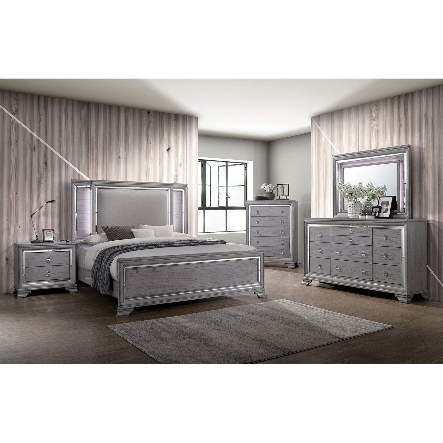 Alanis Light Gray 5 Pc. Queen Bedroom Set w/ 2NS FOA East