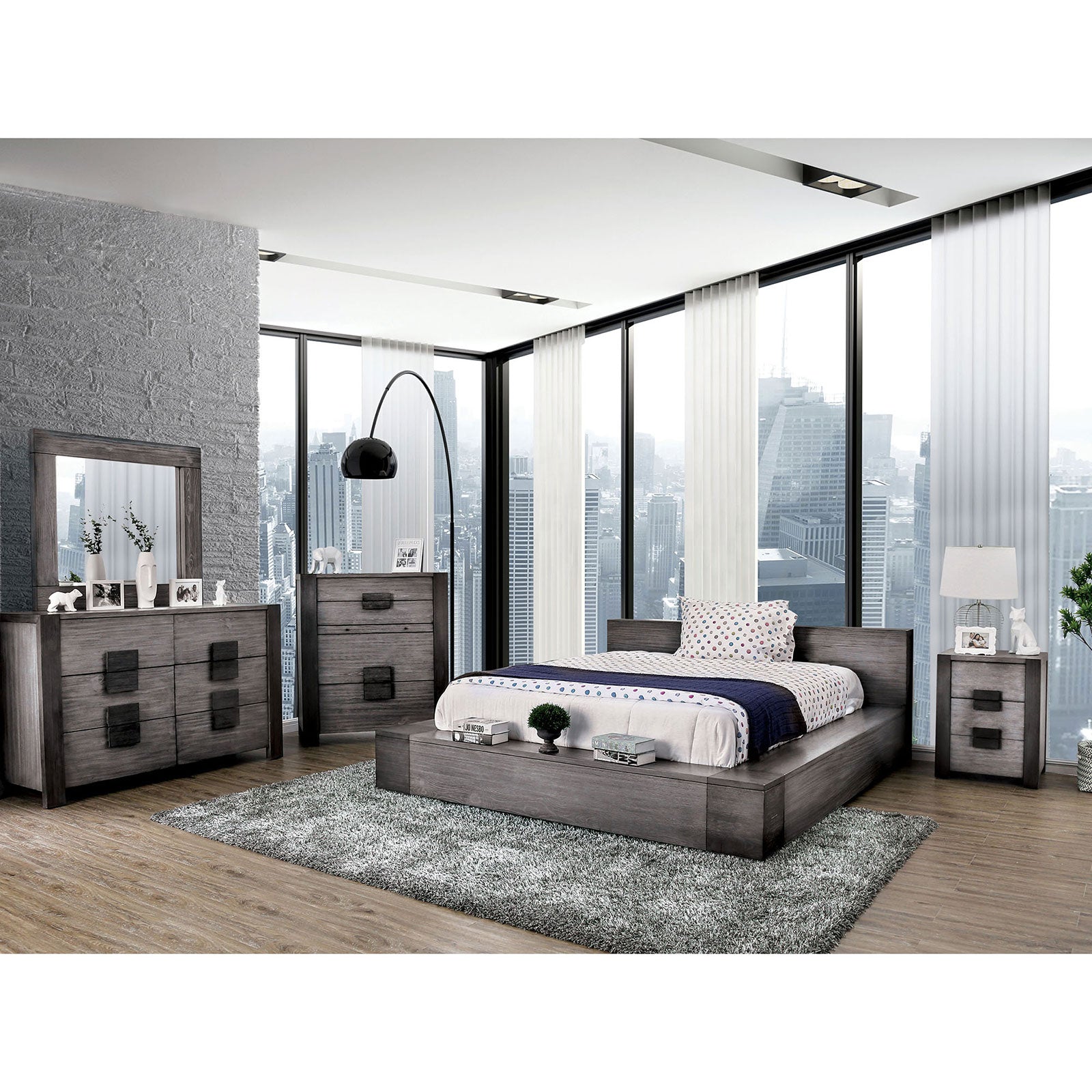 Janeiro Gray 5 Pc. Queen Bedroom Set w/ 2NS FOA East