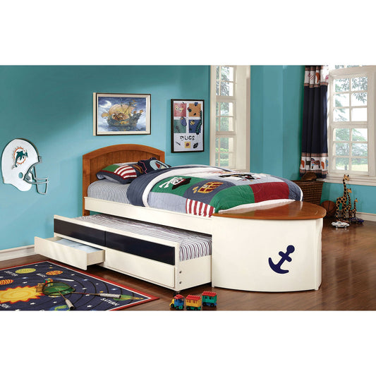 Voyager White/Oak/Navy Blue Twin Bed w/ Trundle + Drawers FOA East